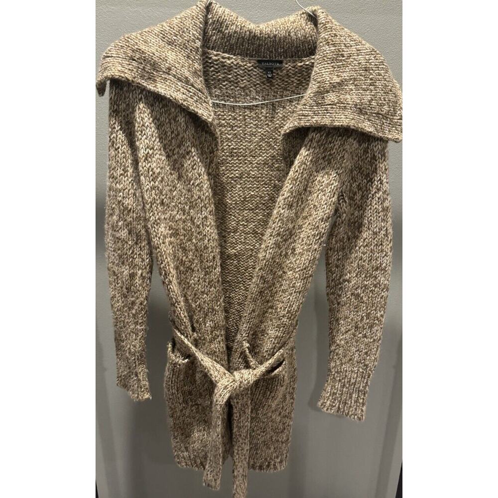 Talbots Sweater Womens M Wool Blend Brown Cardigan Open Front Belted Long